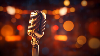 Retro microphone on blurred colorful lights background