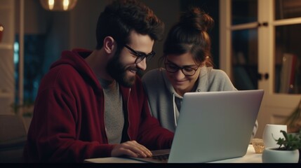 A man and a woman viewing content on a laptop. Suitable for technology and communication concepts