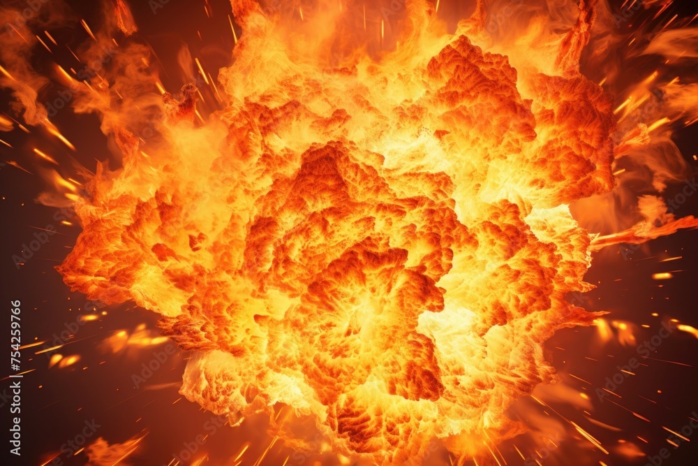 Poster a large explosion of orange and yellow fire. suitable for action and disaster-themed projects