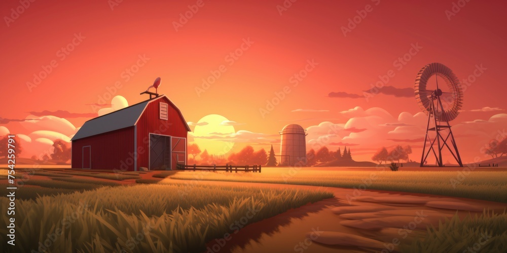 Poster scenic view of a red barn in a field with a windmill in the background. suitable for agricultural an