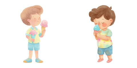  cute kid eat ice cream watercolour vector illustration 