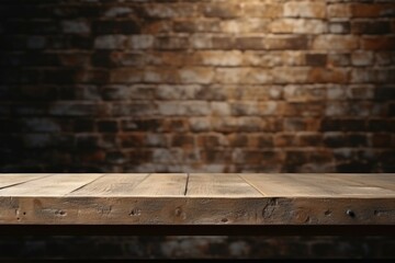 A simple wooden table against a rustic brick wall. Suitable for interior design concepts