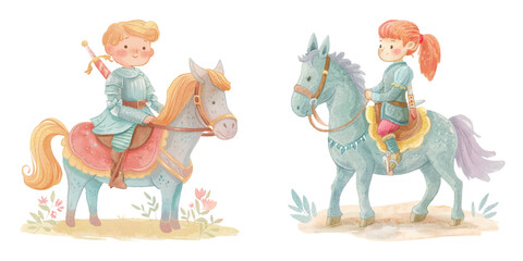 cute knight riding horse watercolour vector illustration 