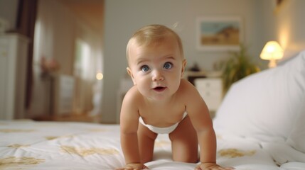 A baby in a diaper crawling on a bed. Suitable for family and childcare concepts