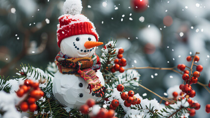 Obraz premium Cheerful Snowman with Winter Berries and Snowfall . A delightful snowman adorned with a red hat and colorful scarf stands among winter berries, as gentle snowflakes fall in a wintry scene. 