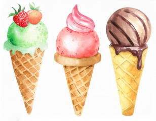 Set of watercolor colorful fruit ice cream on a white background