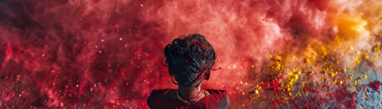 An intimate overhead shot of a celebrant at the Holi festival face smeared with shades of red