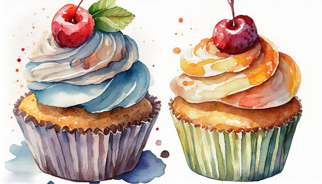 Watercolor cupcakes with cream on a white background