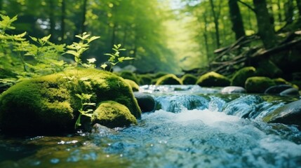Obraz premium A tranquil stream flowing through a vibrant forest. Suitable for nature and outdoor themes
