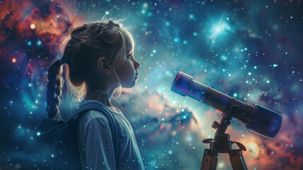 A young girl gazes at a star-filled cosmos through a telescope, surrounded by a colorful nebula and the mysteries of the universe.