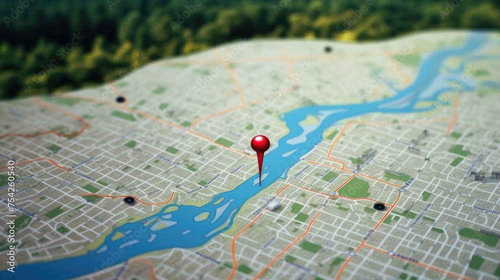 Poster A detailed city map with a red marker pinpointing a location. Perfect for travel guides and navigation apps