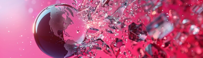 A detailed 3D scene showing a globe shattering and exploding - obrazy, fototapety, plakaty