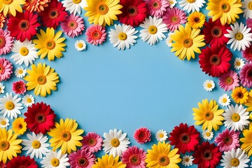colorful flowers on a bright blue background, having an empty space in the middle