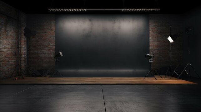 A photo studio with a black backdrop and lighting. Ideal for professional photography projects