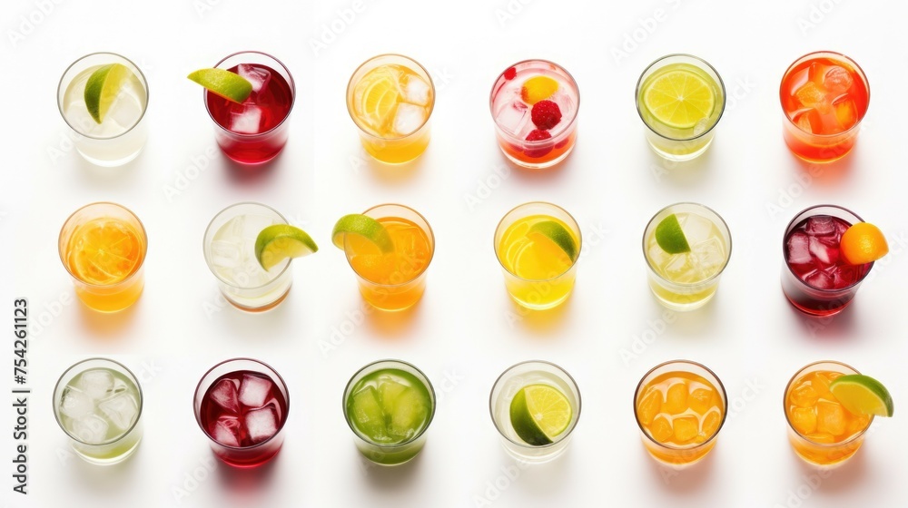 Poster Different types of drinks in assorted glasses, ideal for beverage concepts