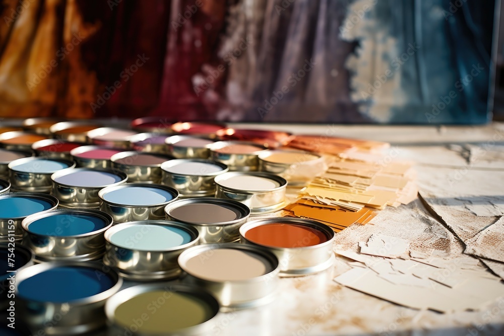 Poster paint cans neatly arranged on a table, suitable for diy or renovation projects