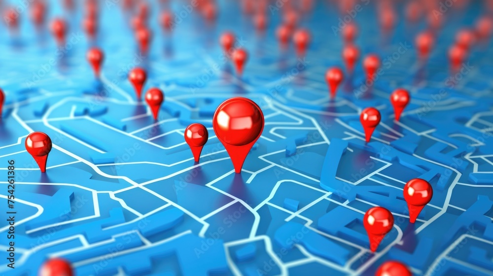 Poster a bunch of red pins on a map. perfect for travel or location concepts