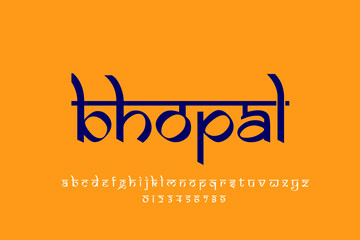 Indian City Bhopal text design. Indian style Latin font design, Devanagari inspired alphabet, letters and numbers, illustration.