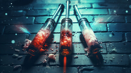 Drug abuse concept and two heroin syringes - obrazy, fototapety, plakaty