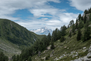 The peaks and glacier are outlined between the mountains when hiking