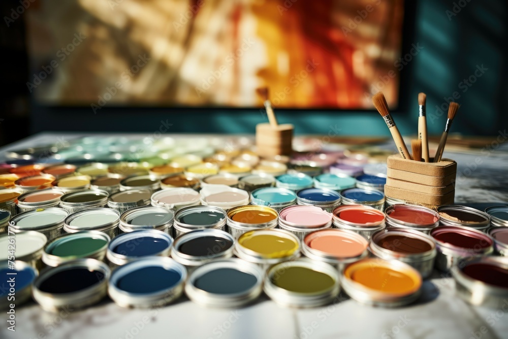 Poster close up of paint and brushes on a table. ideal for art and creativity concepts