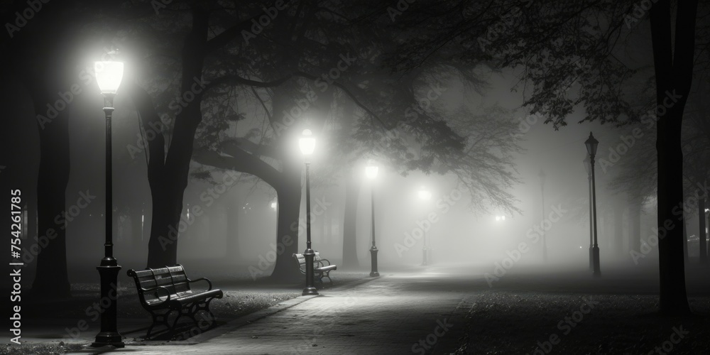 Aufkleber a black and white photo of a park at night. suitable for various design projects