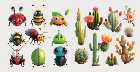 Colorful Collection of Cartoon Insects and Cacti, Vector Illustration Set for Children’s Books, Educational Materials