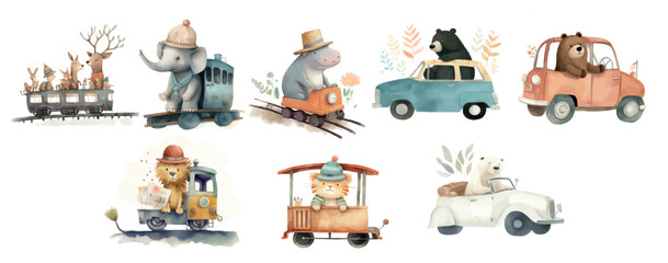 Whimsical Illustration of Various Animals Driving Different Types of Vehicles, Showcasing a Playful and Imaginative