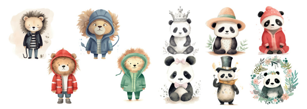Adorable Illustrated Animals in Various Outfits: Lions and Pandas Dressed in Cozy, Stylish Clothing