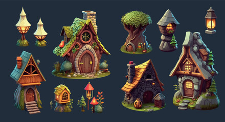 Enchanting Collection of Whimsical Fairy Tale Cottages and Magical Forest Elements, Ideal for Game Design or Themed - obrazy, fototapety, plakaty