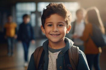 A young boy with a backpack smiling at the camera. Suitable for educational and lifestyle themes