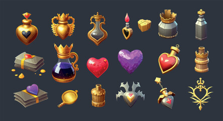 Enchanting Collection of Fantasy Game Icons: Hearts, Crowns, Potions, Books, and Magical