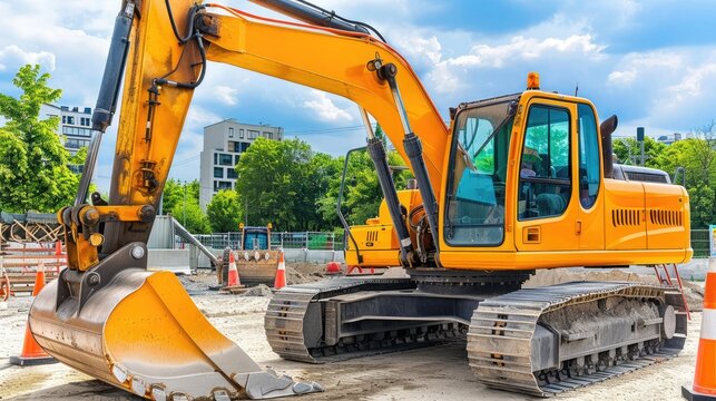 Yellow excavator on urban construction site