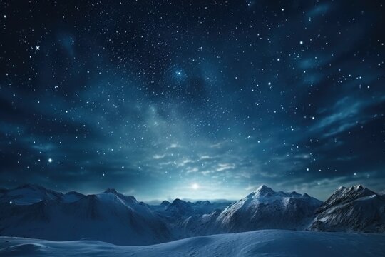 A beautiful night sky full of stars above a snowy mountain range. Ideal for nature and landscape backgrounds
