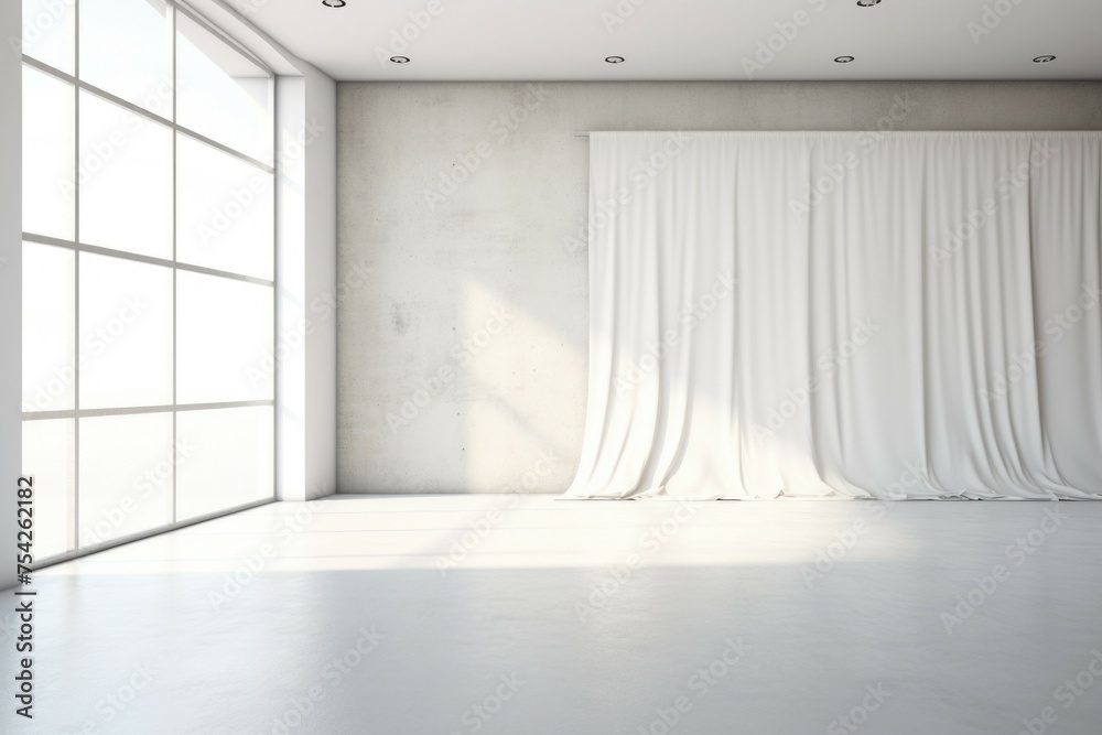 Poster a room with a white curtain and a window. suitable for interior design concepts
