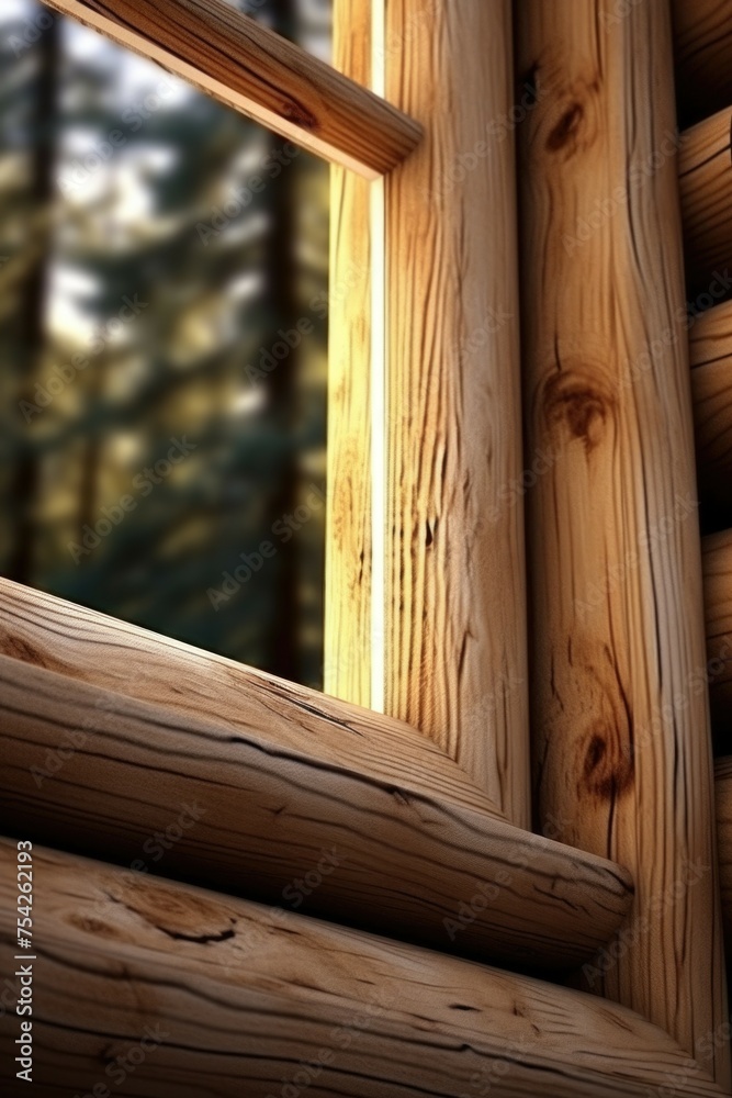 Aufkleber Close up view of a window in a rustic log cabin. Suitable for interior design projects
