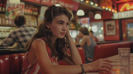 Young woman seated at a diner, looking away from the camera with a pensive expression. The setting is a classic American diner with red booths and vibrant decor.