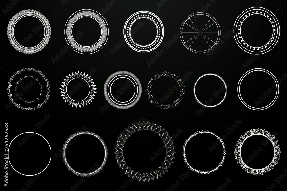 Poster Various circular frames and borders on a black background. Ideal for design projects