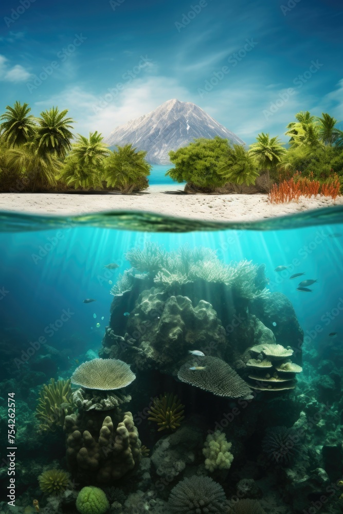 Aufkleber Underwater view of a coral reef with a distant mountain, suitable for travel and nature concepts