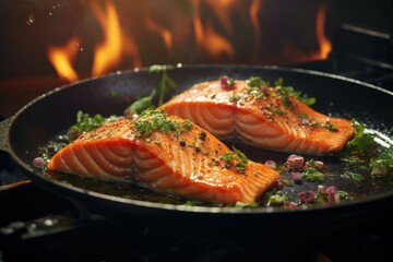 Salmon fillets being cooked in a frying pan. Great for food blogs or cooking recipes