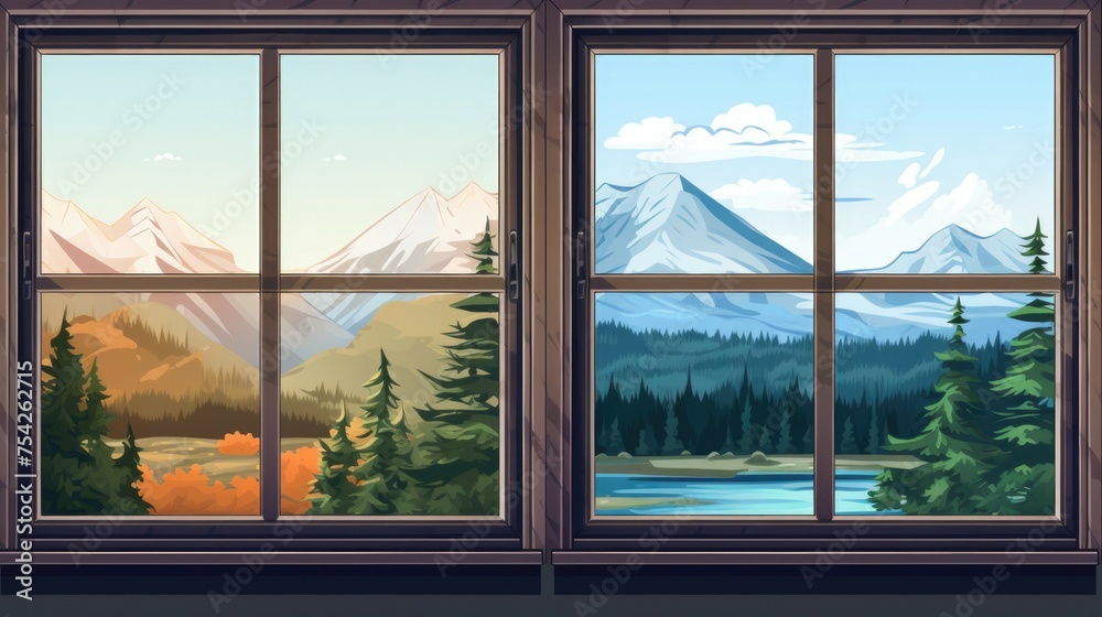 Poster a window with a view of the mountains. suitable for travel brochures or interior design concepts