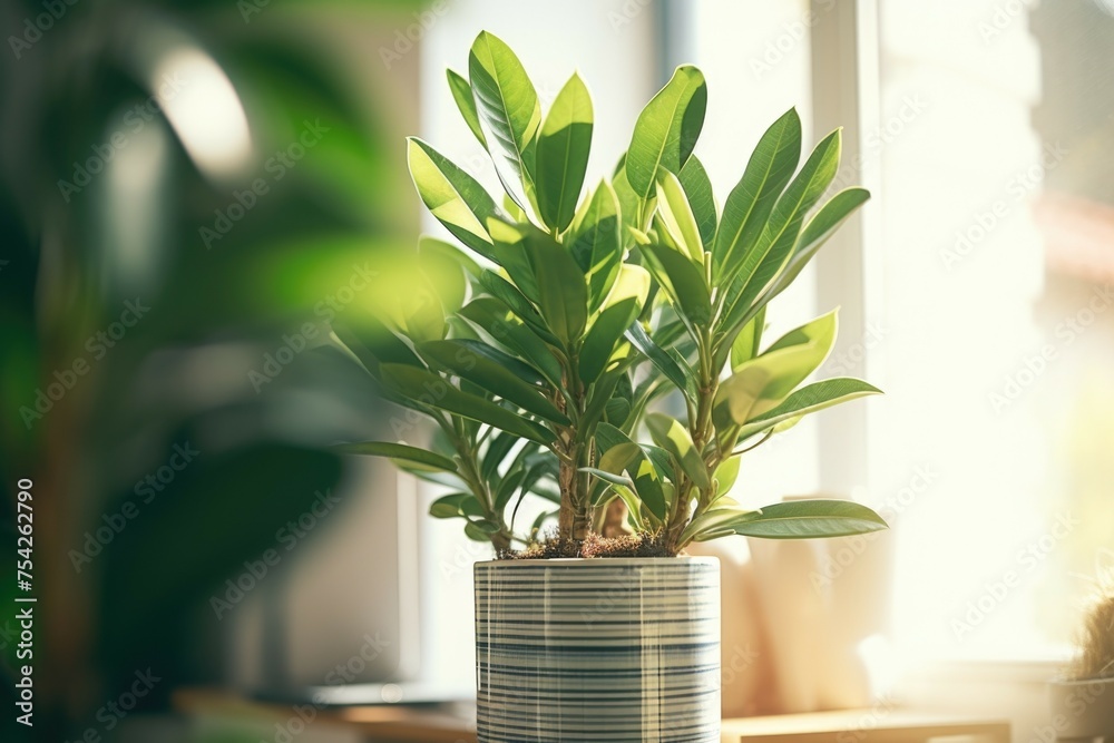 Poster a potted plant displayed on a table in front of a window. suitable for home decor or interior design