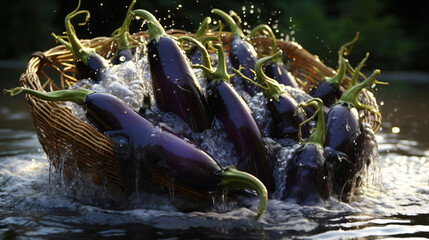 Eggplants Being Swarmed in Water in a Net Basket.