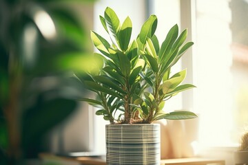 A potted plant displayed on a table in front of a window. Suitable for home decor or interior design concepts
