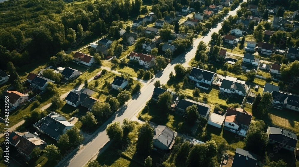 Poster aerial view of a small town surrounded by lush trees. suitable for urban planning concepts