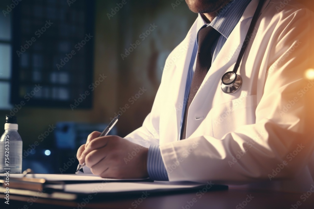 Poster a man in a lab coat writing on a piece of paper. suitable for educational and scientific concepts