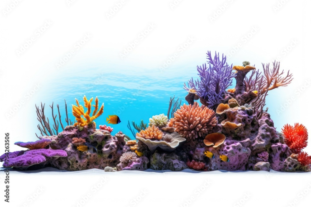 Poster Vibrant coral reef aquarium with various fish species. Ideal for marine life and underwater themes