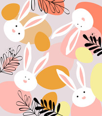 Easter background pattern with doodles of bunny faces, colorful eggs and hand drawn leaves