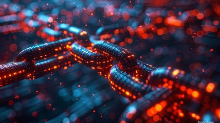 Close-up of a glowing digital blockchain link, representing cryptocurrency and secure transactions.