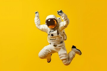 An astronaut is jumping with fists raised high as if celebrating, against a vibrant yellow background. - obrazy, fototapety, plakaty